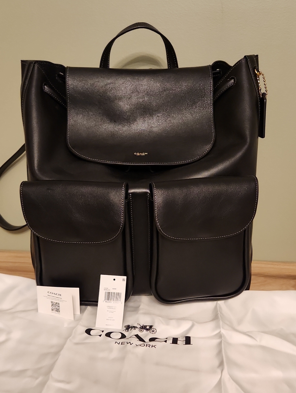 Coach Black Leather Backpack with Dual Front Flap Pockets